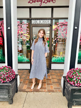 Load image into Gallery viewer, Navy Striped Button-Down Midi Dress With Pockets