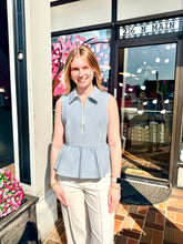 Load image into Gallery viewer, Blue Gingham Zip Front Peplum Top