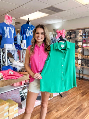 Ladies Sleeveless Kelly Green Button Down Blouse
