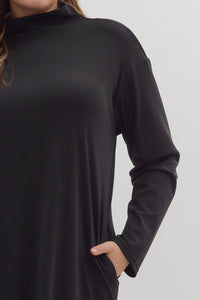 Black Long Sleeve Mock Neck Midi Dress With Pockets