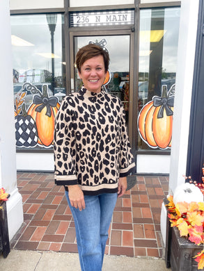 Leopard Print ¾ Sleeve Mock Neck Knit Sweater knit