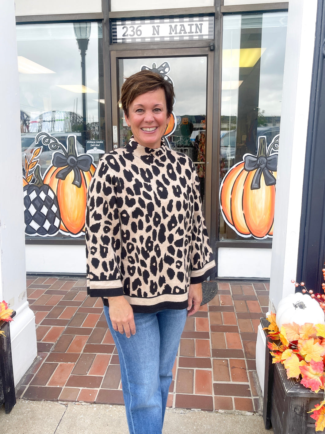 Leopard Print ¾ Sleeve Mock Neck Knit Sweater knit