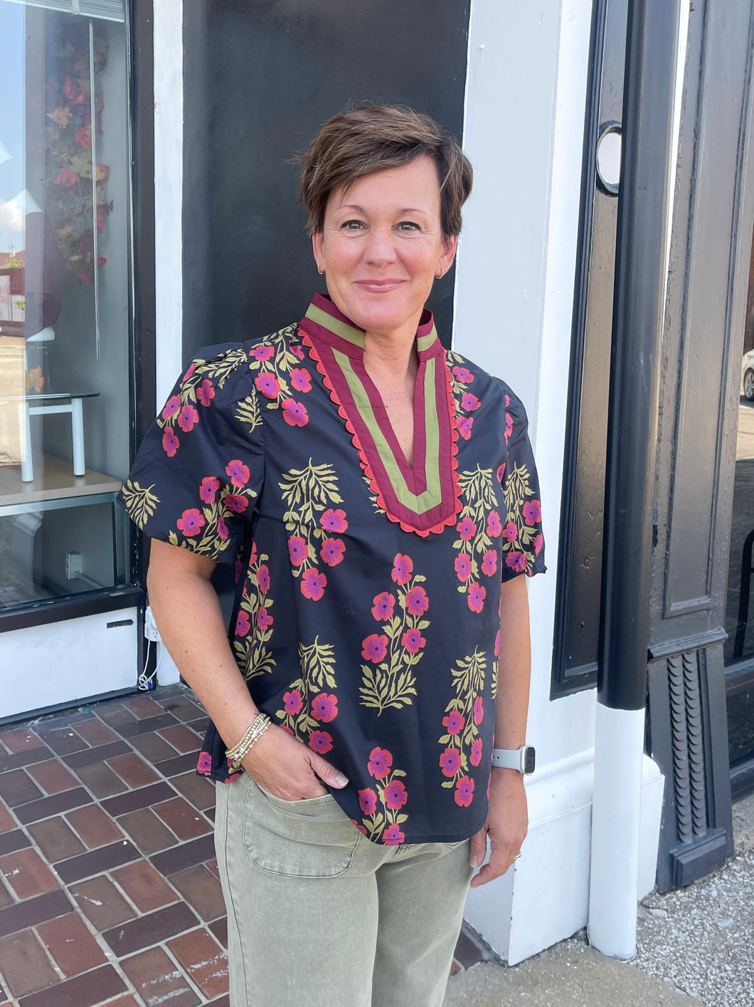 Floral Print Multicolor Accent V-neck Band Collar Top