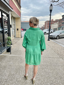Ladies Kelly Green Collared Bubble Sleeve Button Down Short Dress