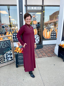 Burgundy Long Sleeve Mock Neck Midi Dress With Pockets