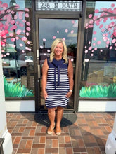 Load image into Gallery viewer, Navy Stripe Sleeveless Dress with Scarf Detail