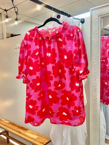 Curvy Ladies Pink And Red Floral Mock Neck Top