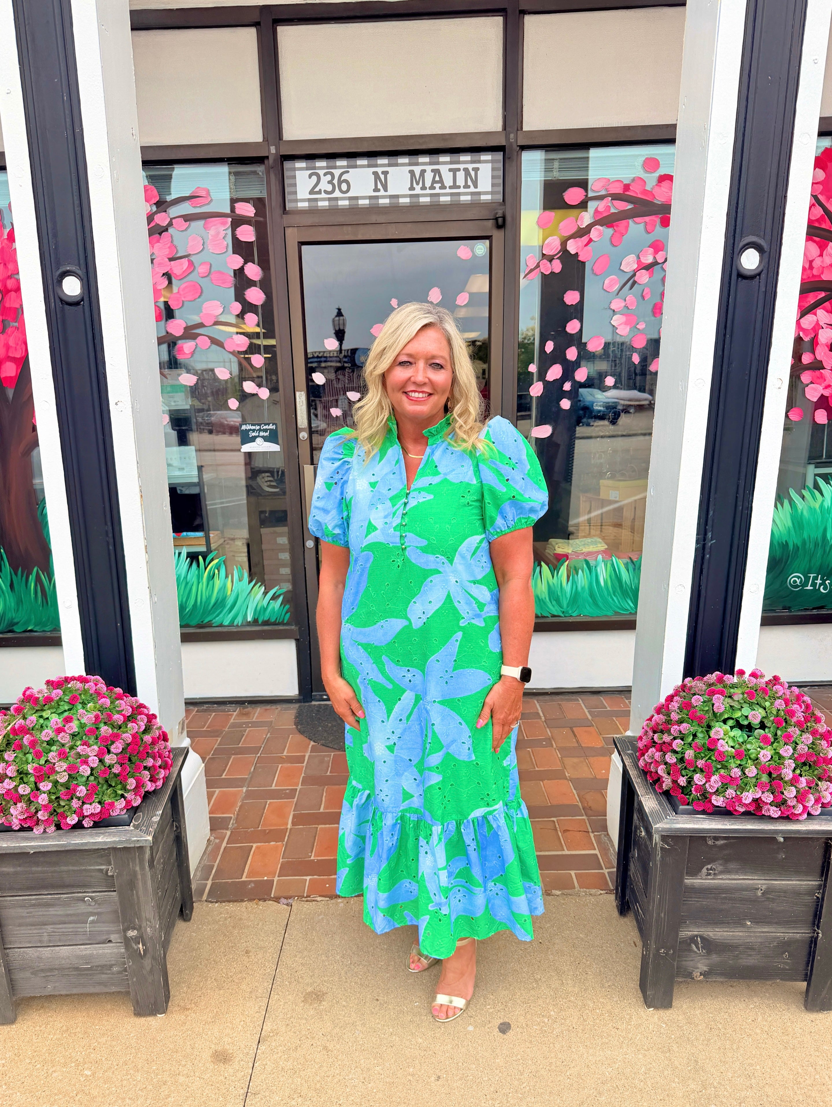 Green Botanical Puff Sleeve Midi Dress