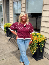 Load image into Gallery viewer, Burgundy Polka Dot Ruffle Layered Cardigan