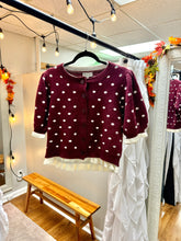 Load image into Gallery viewer, Burgundy Polka Dot Ruffle Layered Cardigan
