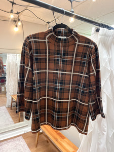 Brown Plaid 3/4 Sleeve Mock Neck Top