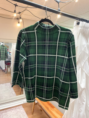 Green Plaid 3/4 Sleeve Mock Neck Top