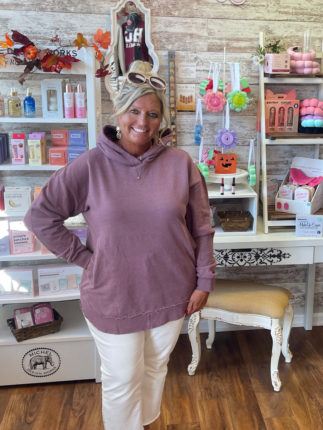Royce Clairmont Hooded Melange Poncho Mauve Fleece Sweatshirt