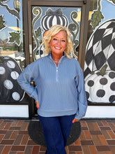 Load image into Gallery viewer, Heather Blue Stripe Quarter Zip Pullover