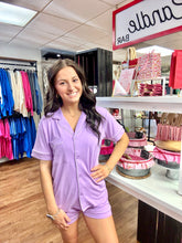 Load image into Gallery viewer, Lavender Button-Down Short Sleeve Pajama Shorts Set