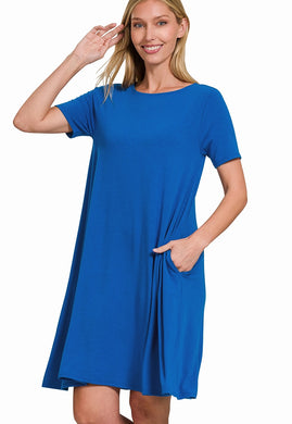 Ladies Blue Short Sleeve Flared Dress With Pockets