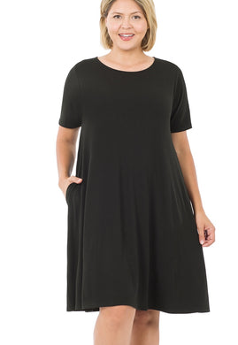 Ladies Curvy Black Short Sleeve Flared Dress With Pockets