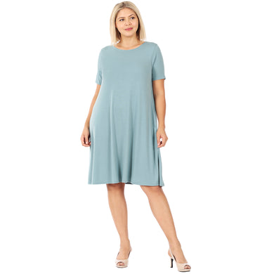 Ladies Curvy Blue Gray Short Sleeve Flared Dress With Pockets