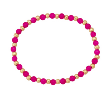 Hot Pink Glass Stone And Gold Ball Bead Stacker Stretch Bracelet- 4MM