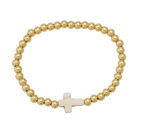 Gold Ball Bead With White Stone Cross Stacker Stretch Bracelet- 5MM