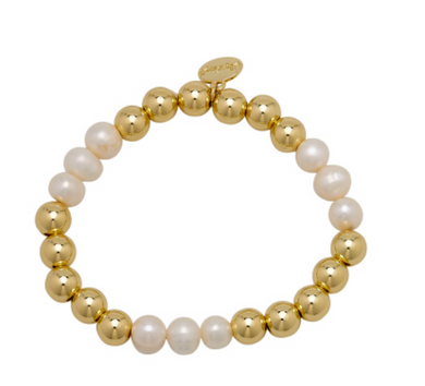 Gold Ball Bead With Fresh Water Pearls Stacker Stretch Bracelet- 8MM