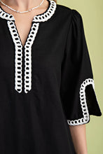 Load image into Gallery viewer, Black And White 3/4 Sleeve Linen Dress with Embroidered Details And Pockets