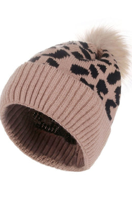 Leopard Knit Pom Pom Beanie