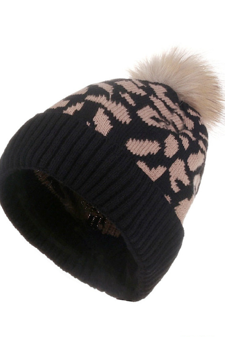 Leopard Knit Pom Pom Beanie