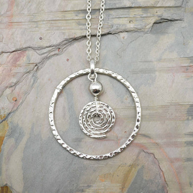 Silver Plated Pendant Necklace - Circle and Spiral