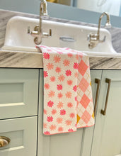 Load image into Gallery viewer, Pink Daisy &amp; Argyle Waffle Knit Kitchen Towel