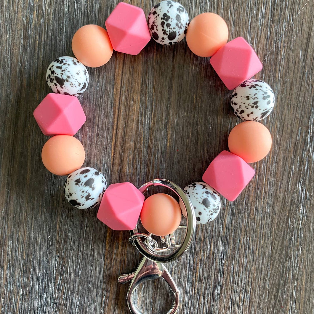 Silicone Bead Keychain Wristlet- Coral and Black White with Pink Hex