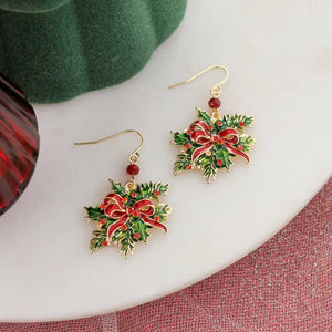 Holly And Bow Dangle Christmas Earrings