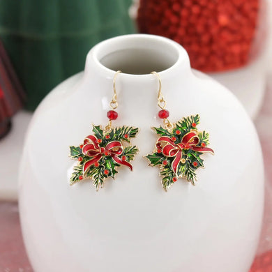 Holly And Bow Dangle Christmas Earrings