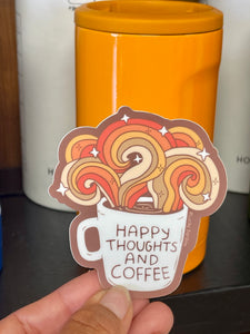 Happy Thoughts and Coffee, Retro Rainbow Vinyl Sticker