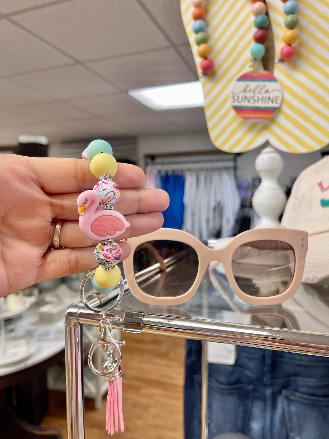 Silicone Bead Keychain Wristlet- Flamingo