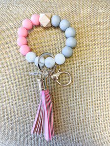 Silicone Bead Keychain Wristlet- Pink/Gray