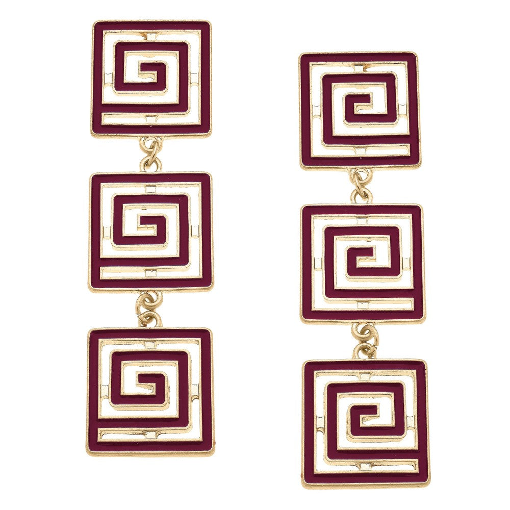 Camille Linked Greek Keys Drop Earrings- Maroon