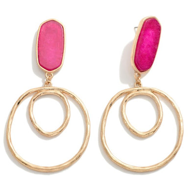 Gold Tone Double Hoop Earrings With Magenta Natural Stone Accents