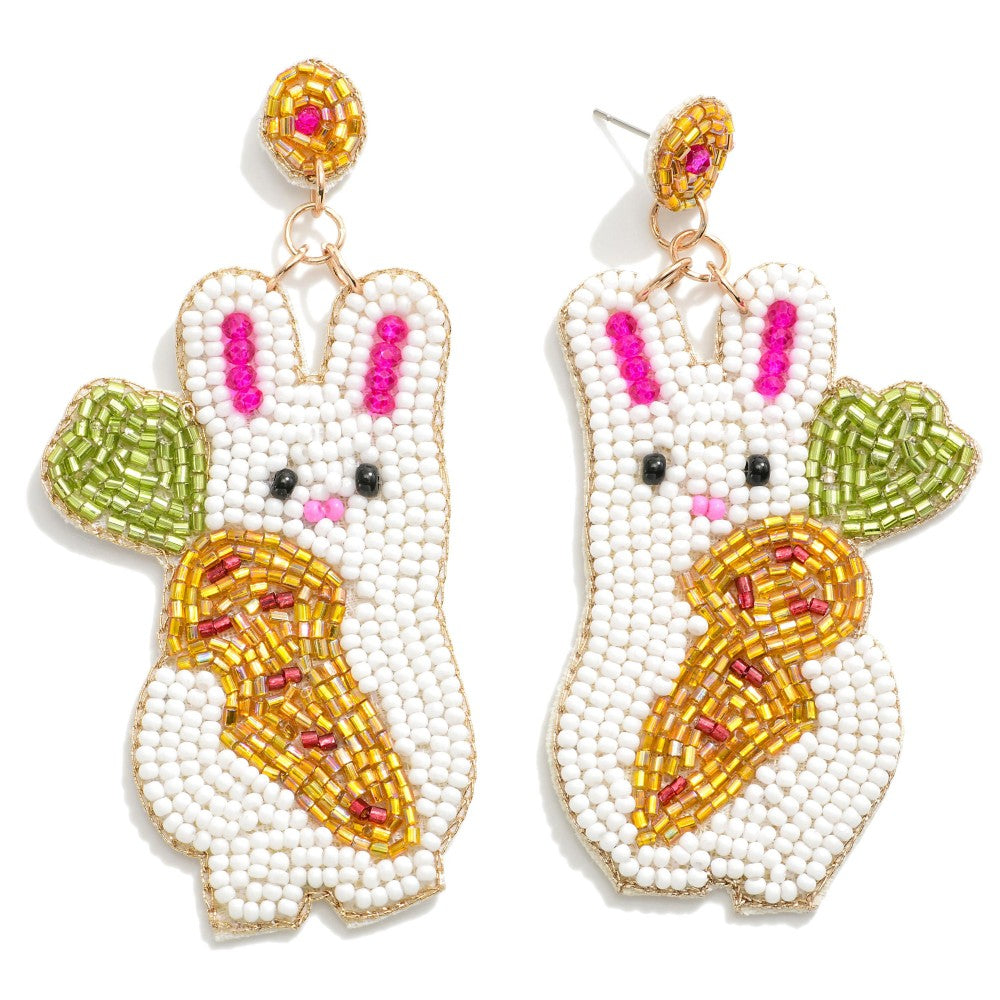 Seed Beaded Full Body Easter Bunny With Carrot Drop Earrings