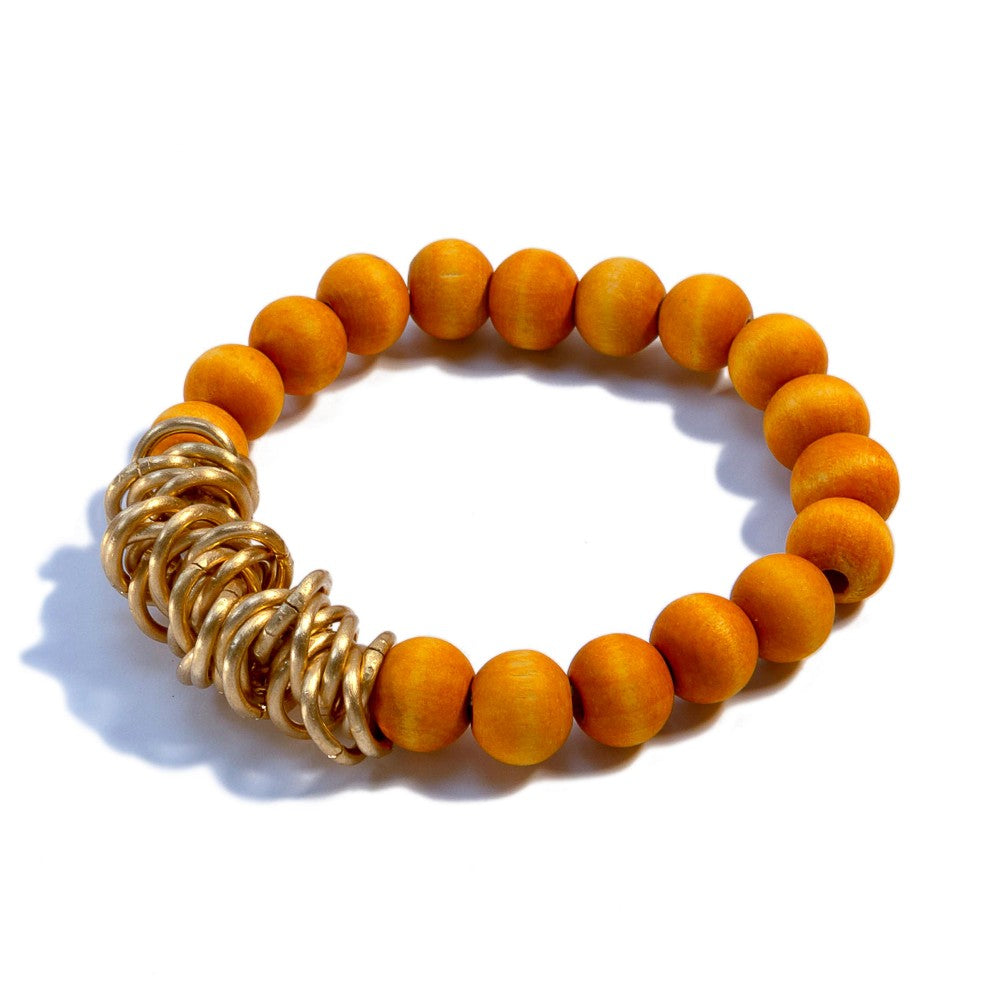 Wood Beaded Stretch Bracelet With Gold Twist