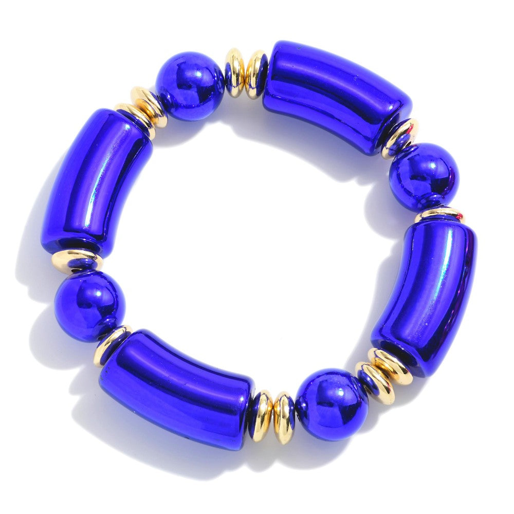 Chunky Tube Bead Bracelet With Gold Tone Accents - Blue