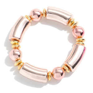 Chunky Tube Bead Bracelet With Gold Tone Accents - Light Pink
