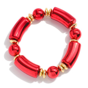 Chunky Tube Bead Bracelet With Gold Tone Accents - Red