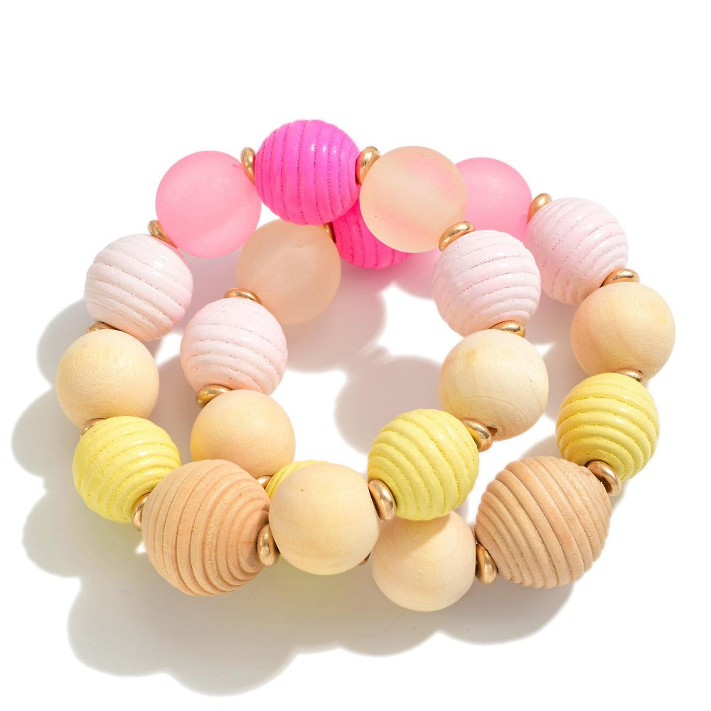 Set of Two Beaded Stretch Bracelet Featuring Chunky Wood Beads