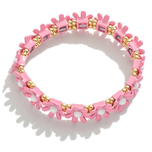 Pink Flower Beaded Stretch Bracelet