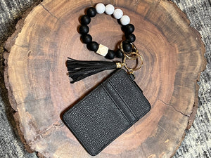 Silicone Bead Keychain Wristlet With Vegan Leather Credit Card Holder