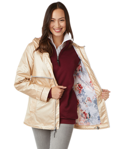 Ladies Charles River Rain Jacket in Champagne with Floral Printed Lining