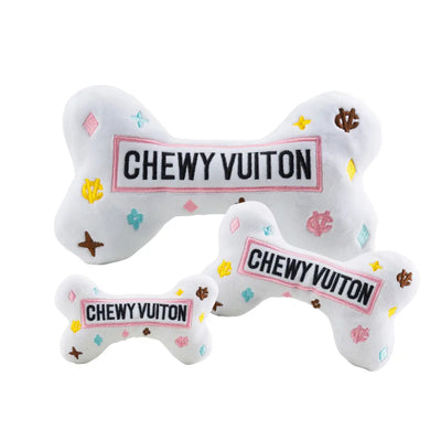 White Chewy Vuiton Dog Bone Toy- 3 Sizes