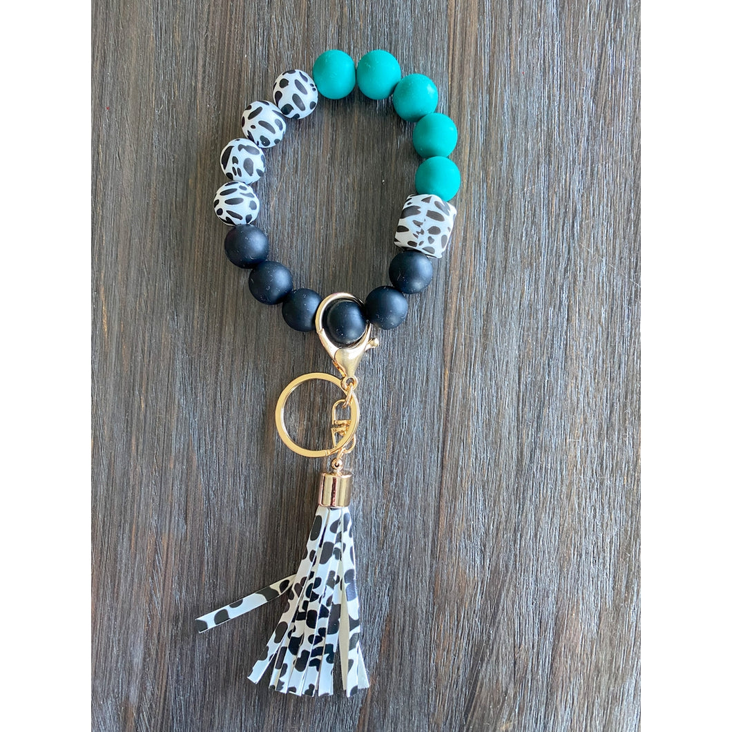 Silicone Bead Keychain Wristlet- Cow Print/Teal