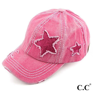 Glittery Star Vintage Baseball Ponytail Cap- Hot Pink